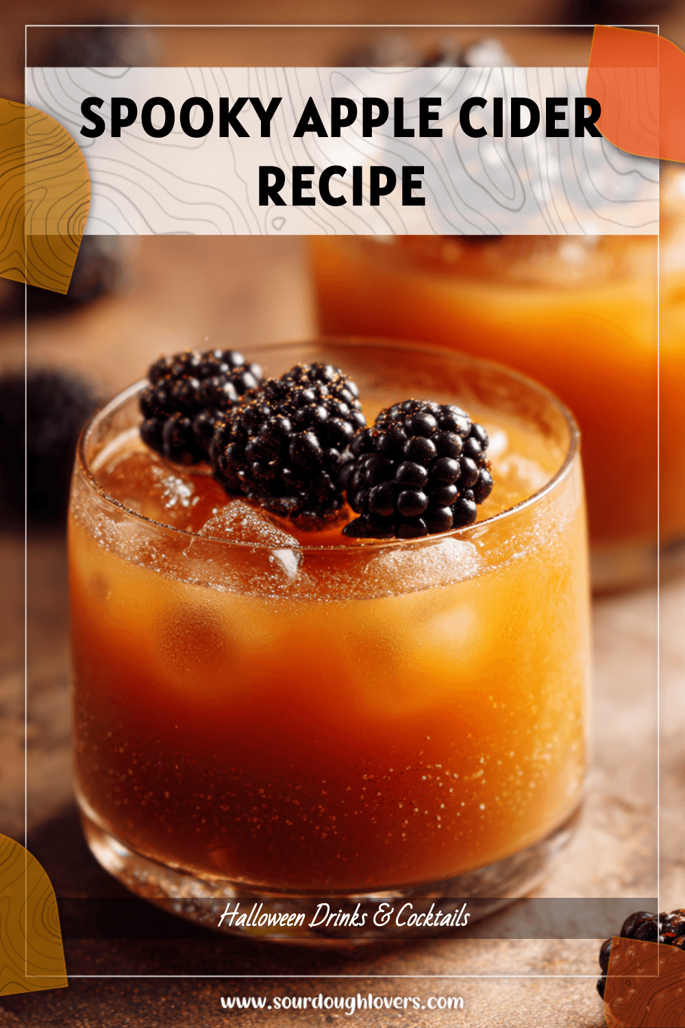 Two glasses stacked with apple cider and blackberries styled as spooky cocktails for Halloween 2